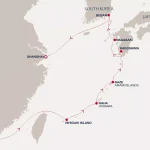Map-style route showing travel path from Shanghai to Hong Kong via Nagasaki, Kagoshima, Busan and Okinawa islands, with marked waypoints and arrows in red dots.