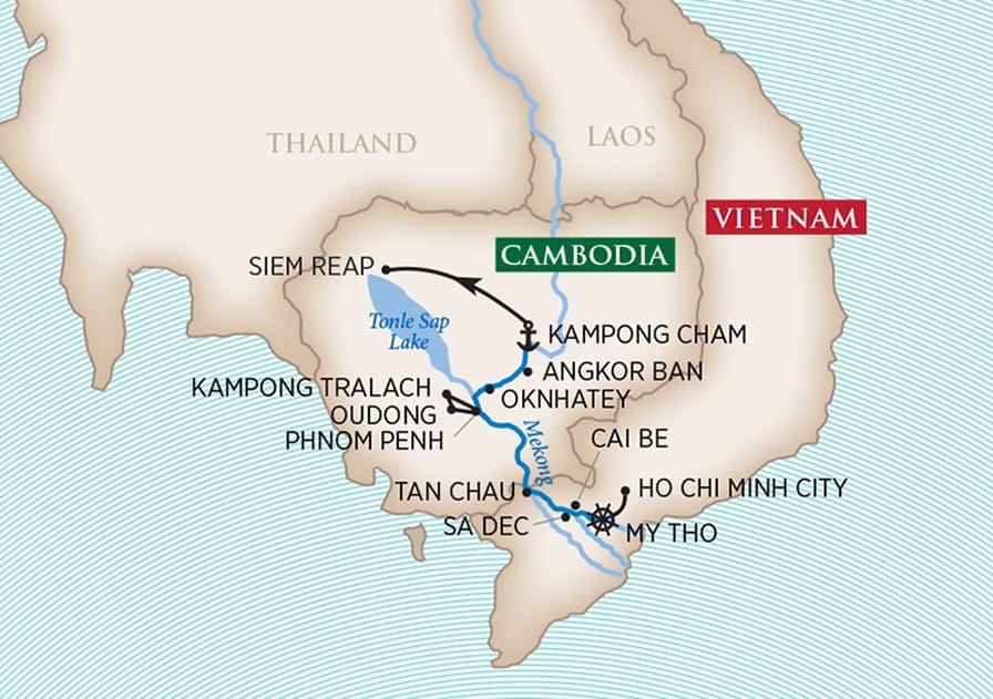 Map of a Mekong River itinerary from Ho Chi Minh City through My Tho, Cai Be, Tan Chau, Sa Dec to Phnom Penh, then Angkor Ban and Kampong Cham, ending near Siem Reap by Tonle Sap Lake.