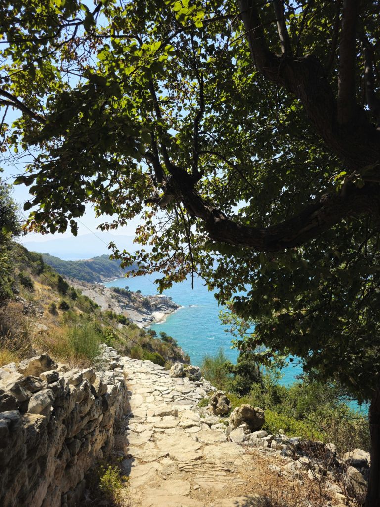 Stone walkway along a rocky hillside descends toward the blue sea, framed by green tree branches overhead.