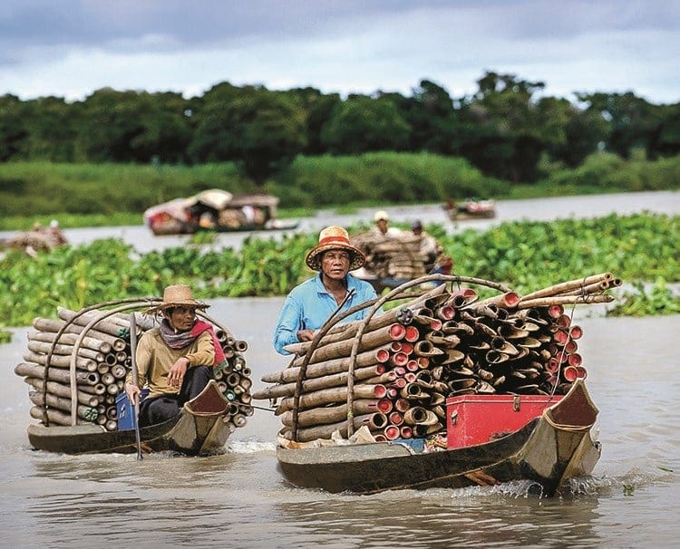 Two small boats on a muddy river carry stacked bamboo poles, with men wearing hats guiding them.