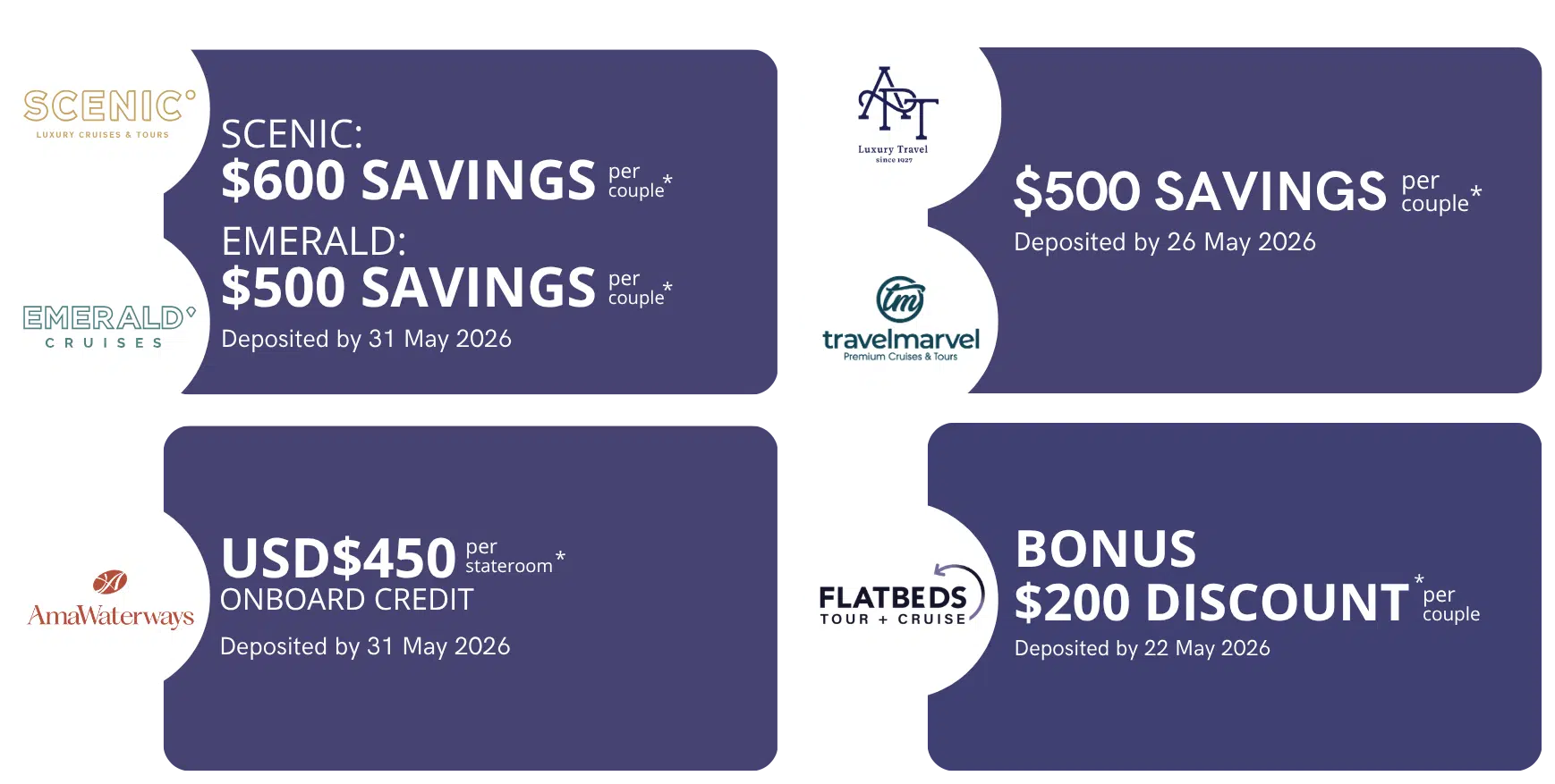 Left panel: Scenic and Emerald savings — $600 and $500 per couple, deposited by 31 May 2026.