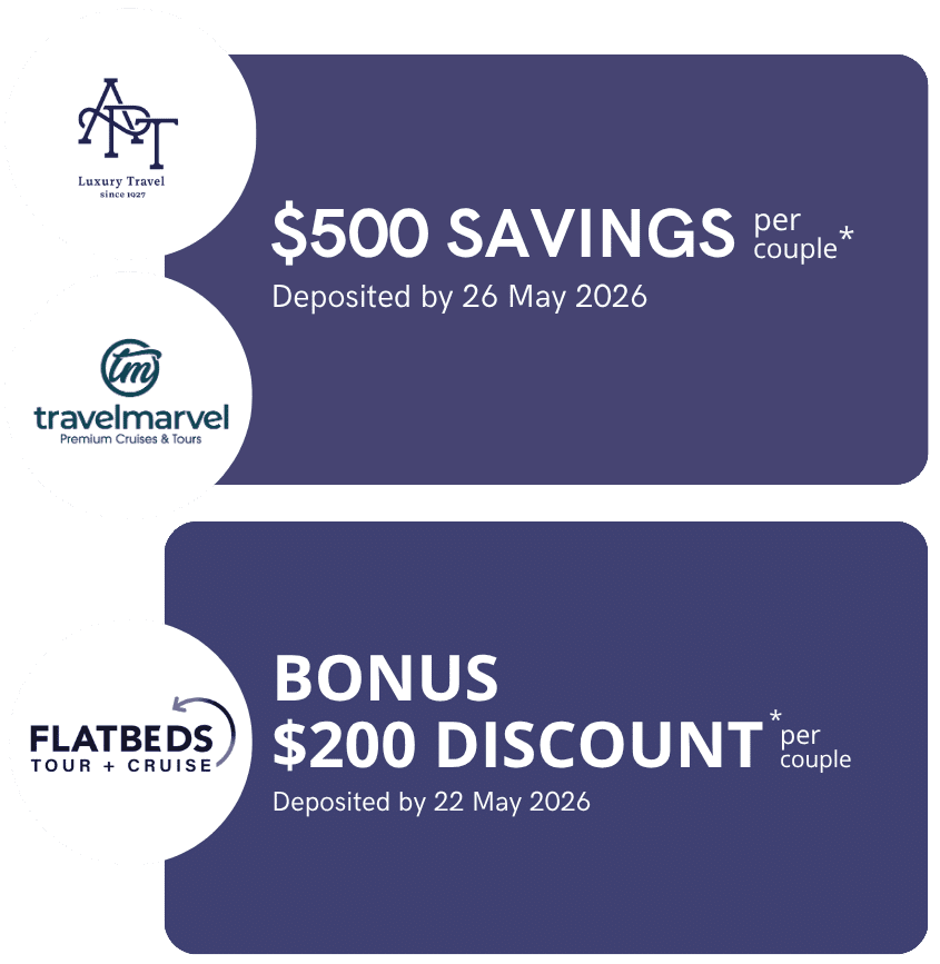 Two promo cards on a purple rounded background; top card says '$500 SAVINGS per couple' with logos for Luxury Travel and Travel Marvel, deposited by 26 May 2026.