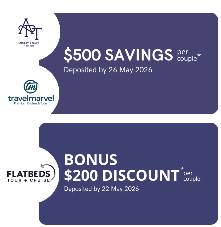 Two promo cards on a purple rounded background; top card says '$500 SAVINGS per couple' with logos for Luxury Travel and Travel Marvel, deposited by 26 May 2026.