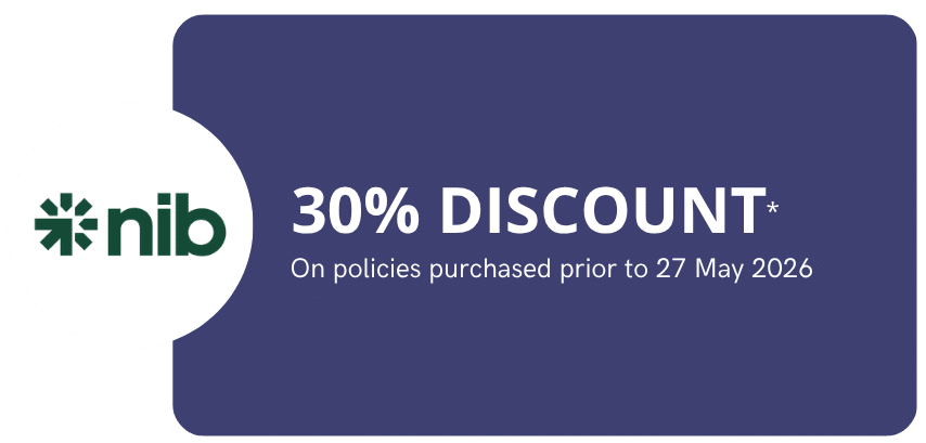 Promotional banner offering 30% discount on nib policies purchased before 27 May 2026, logo on the left.