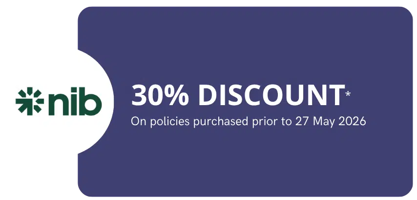 Promotional banner offering 30% discount on nib policies purchased before 27 May 2026, logo on the left.