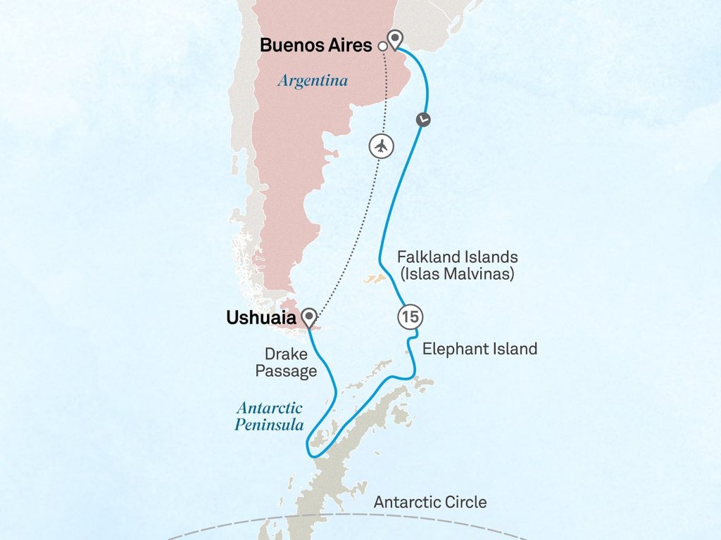 Map excerpt showing Ushuaia, Falkland Islands, and the Antarctic Peninsula with a blue voyage route and airline symbol along the coast.