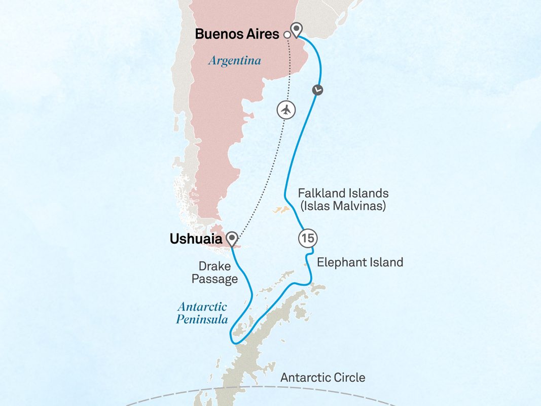 Map excerpt showing Ushuaia, Falkland Islands, and the Antarctic Peninsula with a blue voyage route and airline symbol along the coast.