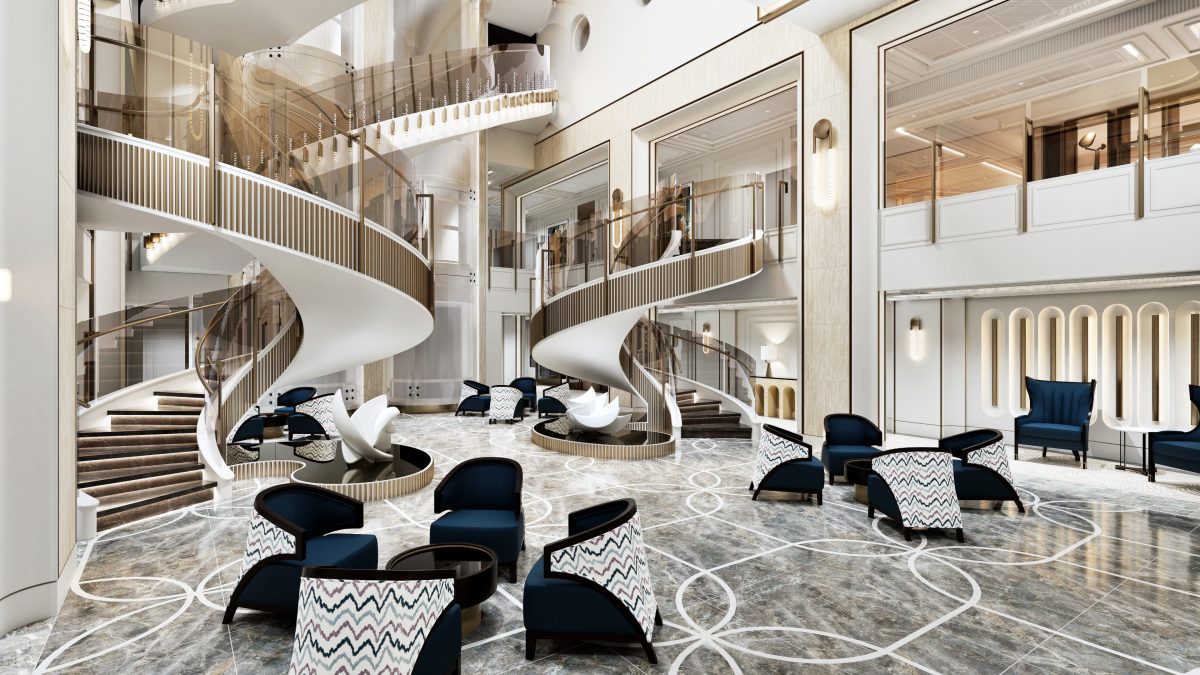 Luxurious hotel lobby with a white spiral staircase, glass railings, and blue upholstered chairs.