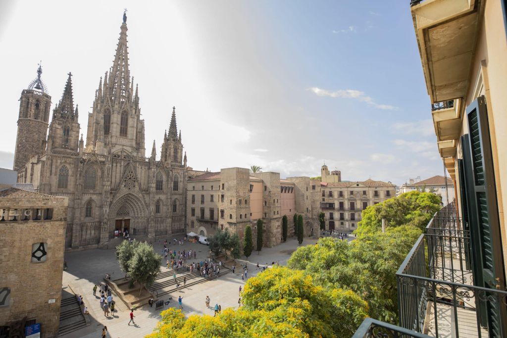 View of a Gothic cathedral with tall spires in a busy plaza, flanked by stone buildings and yellow flowering bushes in the foreground under a blue sky.