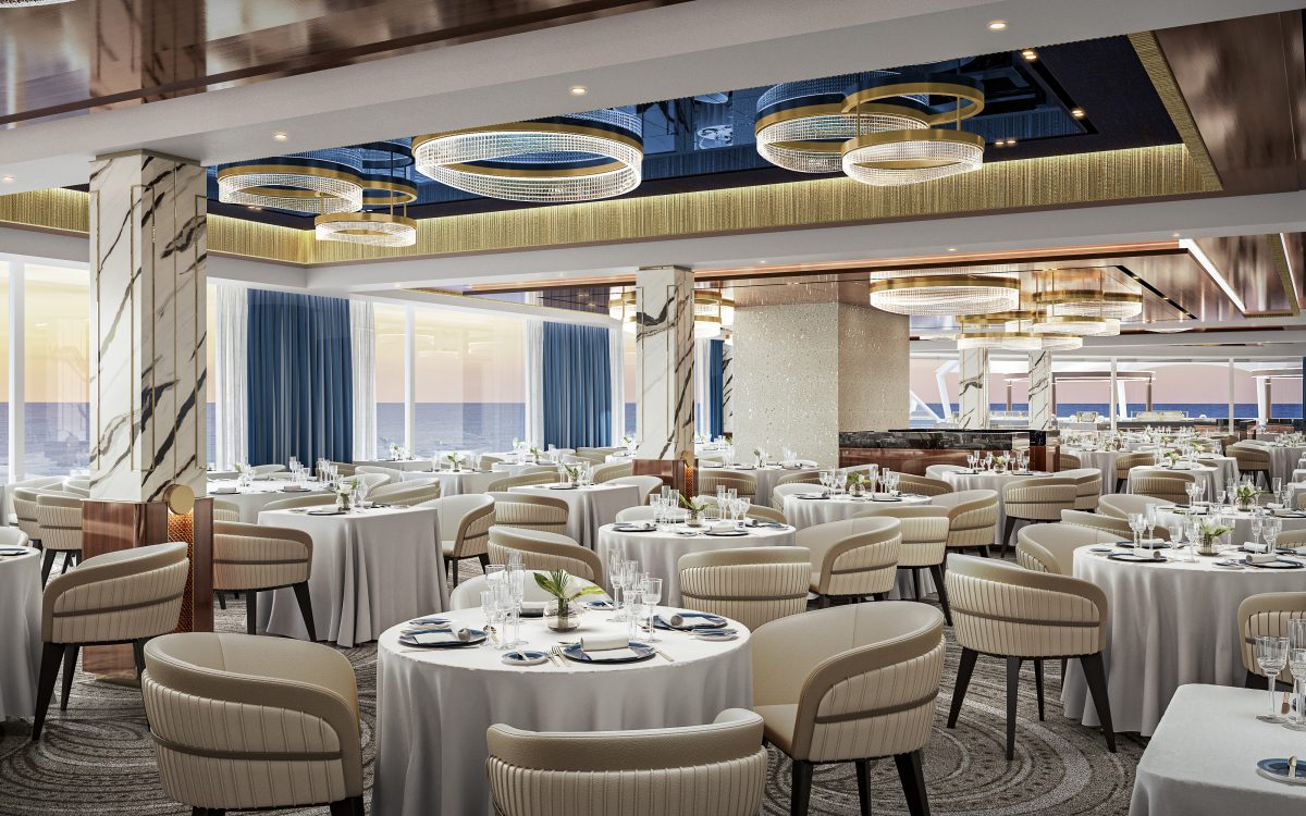 Luxurious restaurant dining hall with round crystal chandeliers, marble columns, and sea view through windows.