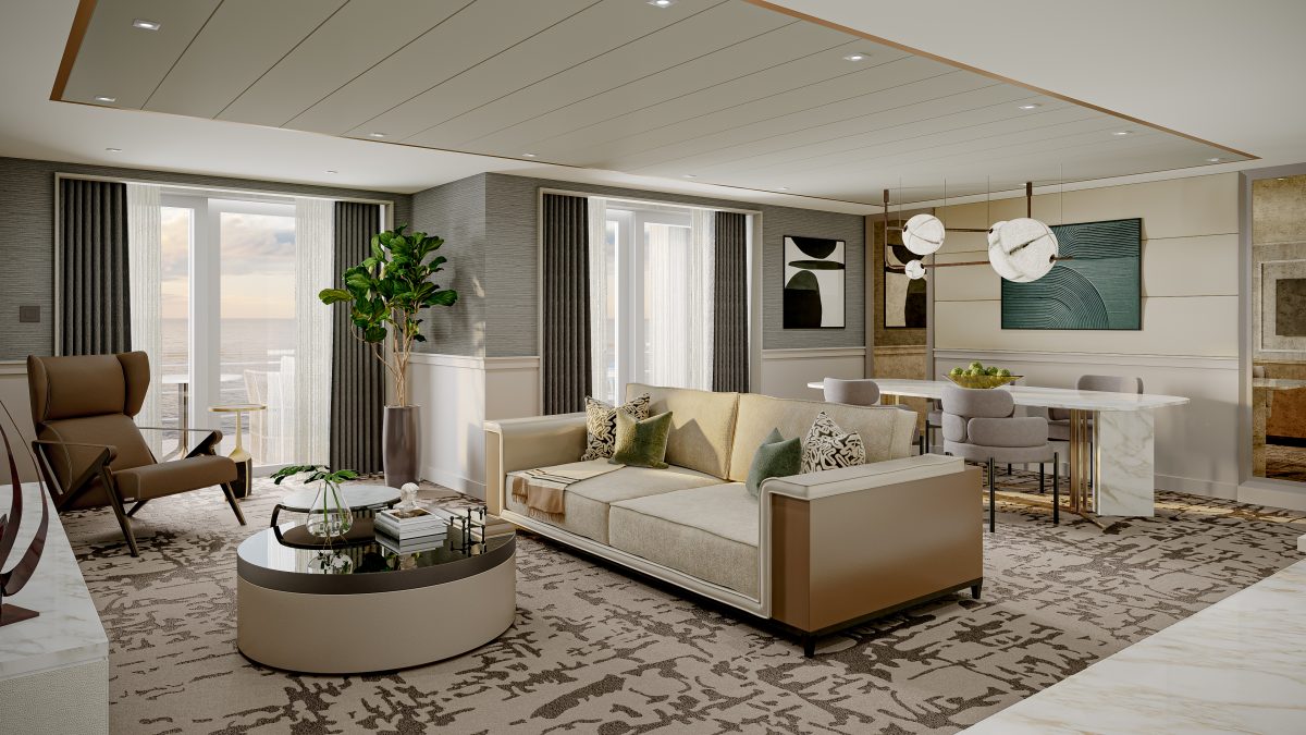 Bright open-concept living and dining area with large windows showing an ocean view, beige sofa, and modern decor.