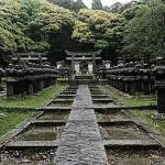 Symmetrical path lined with stone lanterns leading to a torii gate in a wooded shrine area.