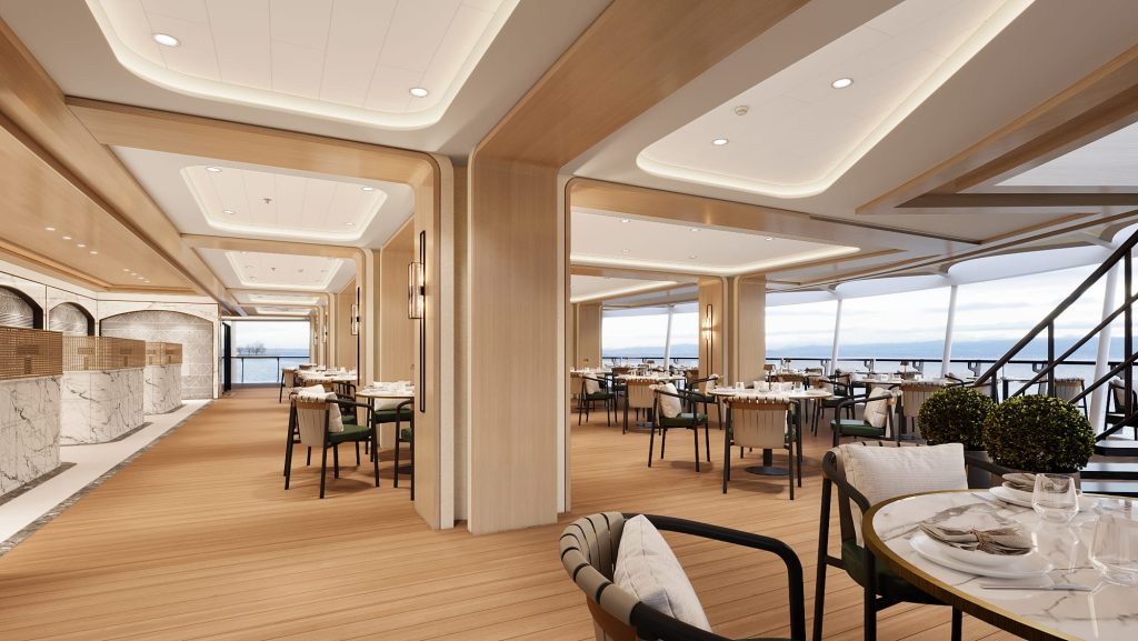 Ship dining room with wood-panelled walls, rows of tables and sea views through the windows.