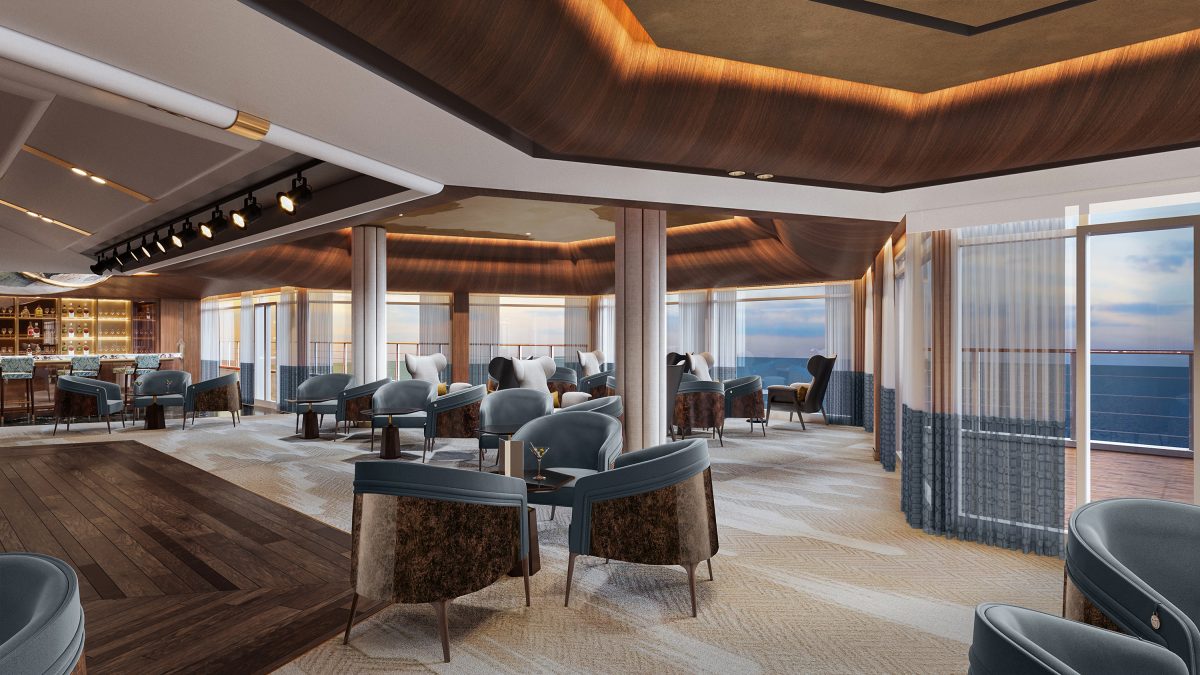 Luxurious lounge with curved seating, blue chairs, and large windows overlooking the ocean.