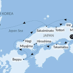 Map of Japan showing a travel route from Busan to multiple cities (Osaka, Miyazaki, Takamatsu, Hiroshima, Miyajima, Sakaiminato, Tottori) with arrows.
