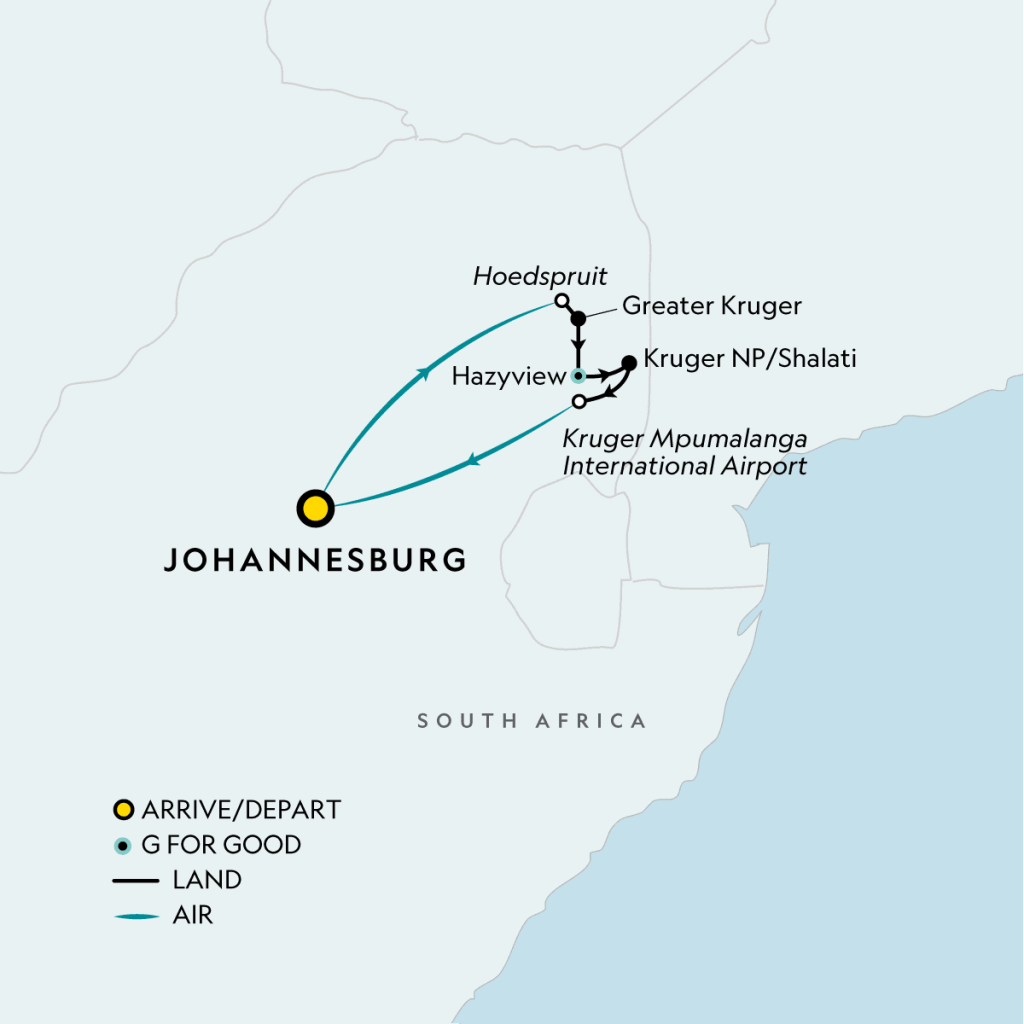 Map of a travel route from Johannesburg to Kruger Mpumalanga International Airport with stops at Hazyview and Greater Kruger in South Africa.