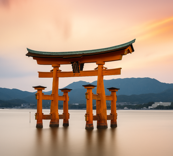 Orange torii gate standing in calm water at sunset with distant mountains in the background.