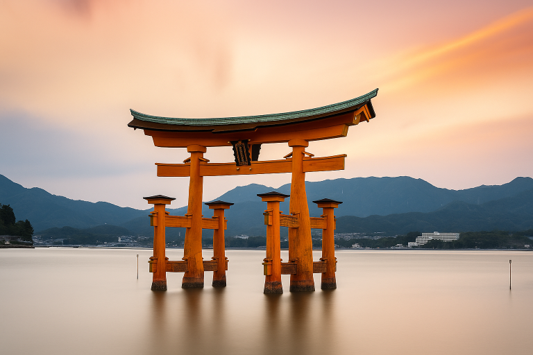 Orange torii gate standing in calm water at sunset with distant mountains in the background.