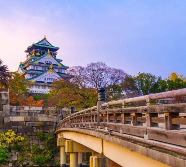 Japanese castle with green-tiled roofs sits on stone walls, viewed from a curved wooden bridge with autumn trees nearby.