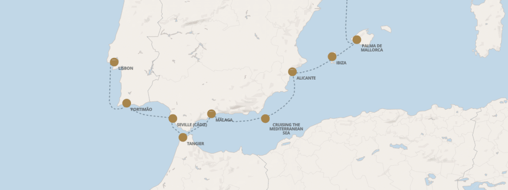 Map of a Mediterranean cruise route along the Iberian coast: Lisbon, Portimão, Cádiz/Seville, Málaga, Tangier, Alicante, Ibiza, Palma de Mallorca, shown with a dotted line and stop markers on brown dots.