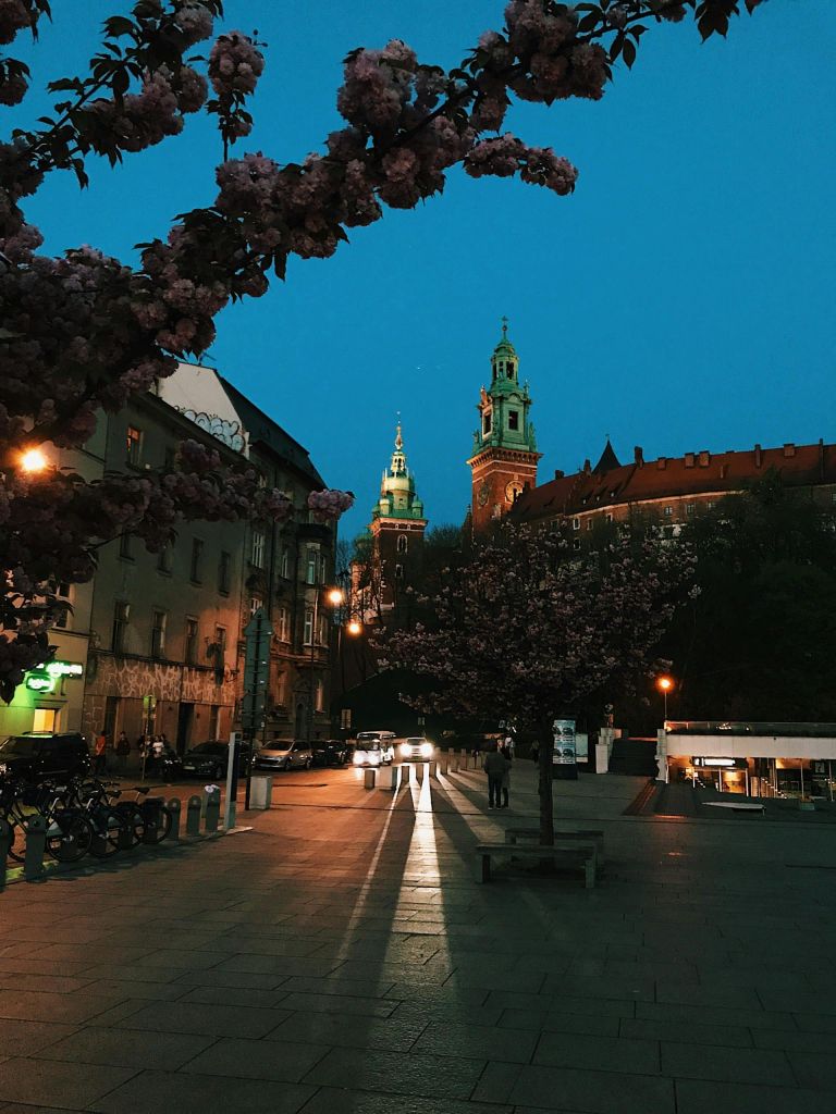Night city scene with pink flowering trees framing historic brick towers with green domes and a lively street below.