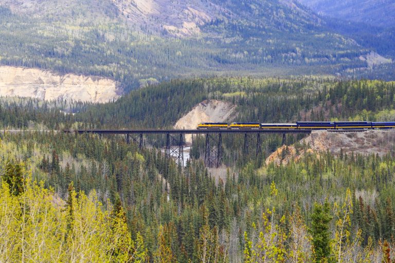 A blue-and-yellow passenger train crosses a tall iron bridge over a forested valley with mountains in the background.