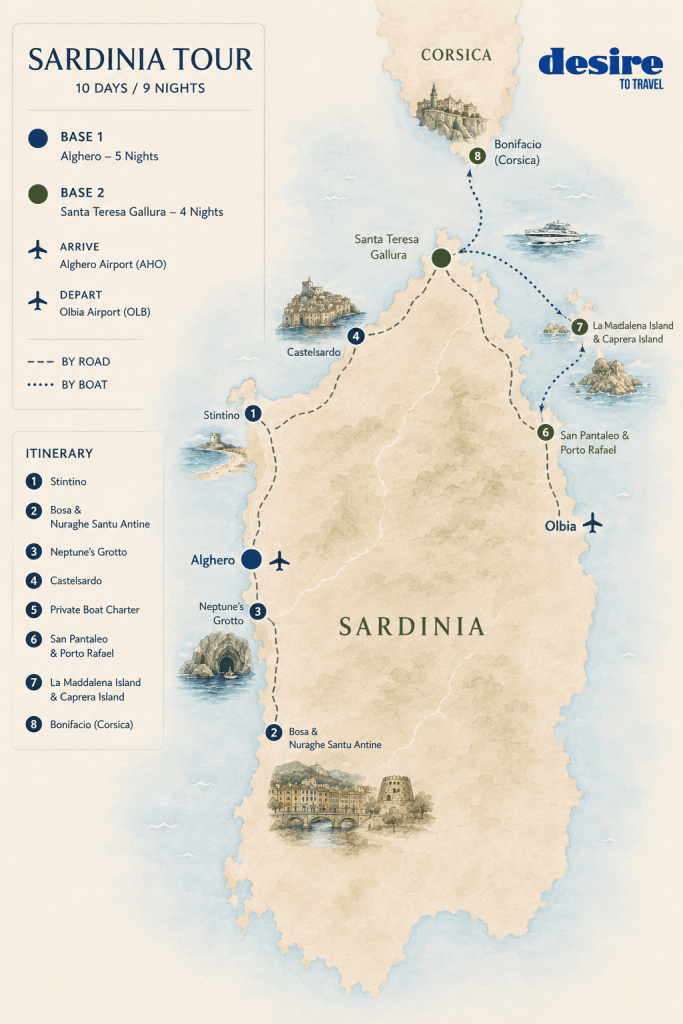 Illustrated Sardinia tour map with base locations, airports, and road/boat routes showing 8 itinerary stops (Stintino, Castelsardo, Neptune's Grotto, Bosa, La Maddalena, Olbia, Bonifacio) and ship/drive paths.