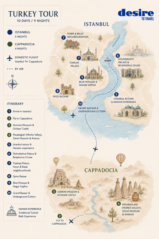 Infographic map of a 10-day Istanbul to Cappadocia tour with numbered stops, travel routes, and cultural sites like mosques and palaces.