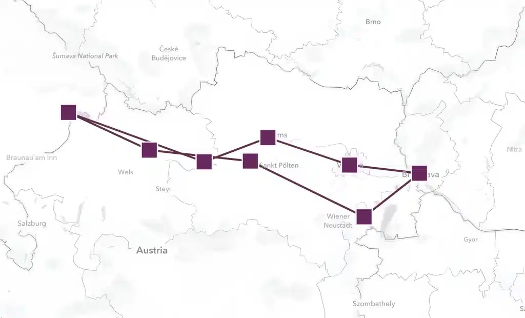 Route map across northern Austria linking stops near Wels, Sankt Pölten, Krems, Vienna and Wiener Neustadt to Bratislava.