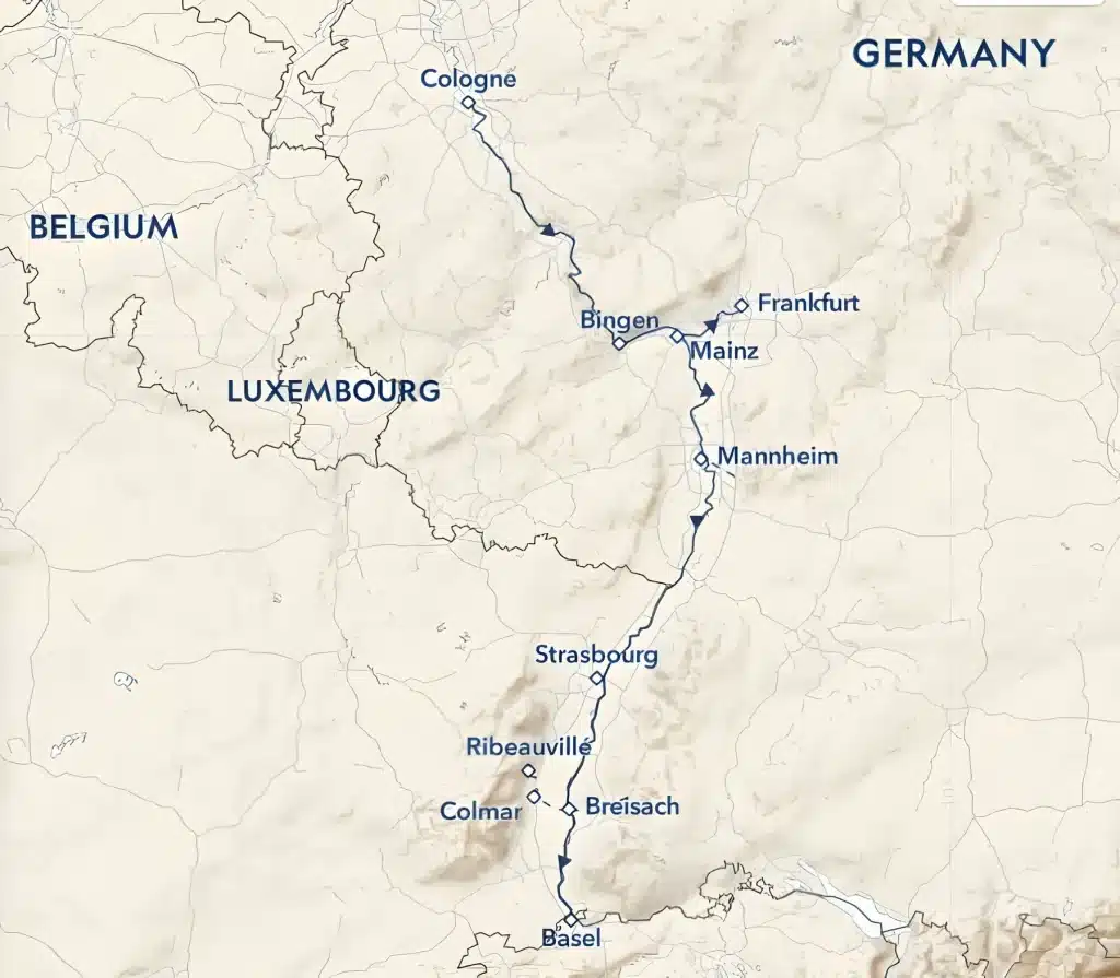 Rhine River cruise map from Cologne via Bingen, Mainz, Frankfurt and Mannheim to Strasbourg, Colmar, Breisach and Basel.