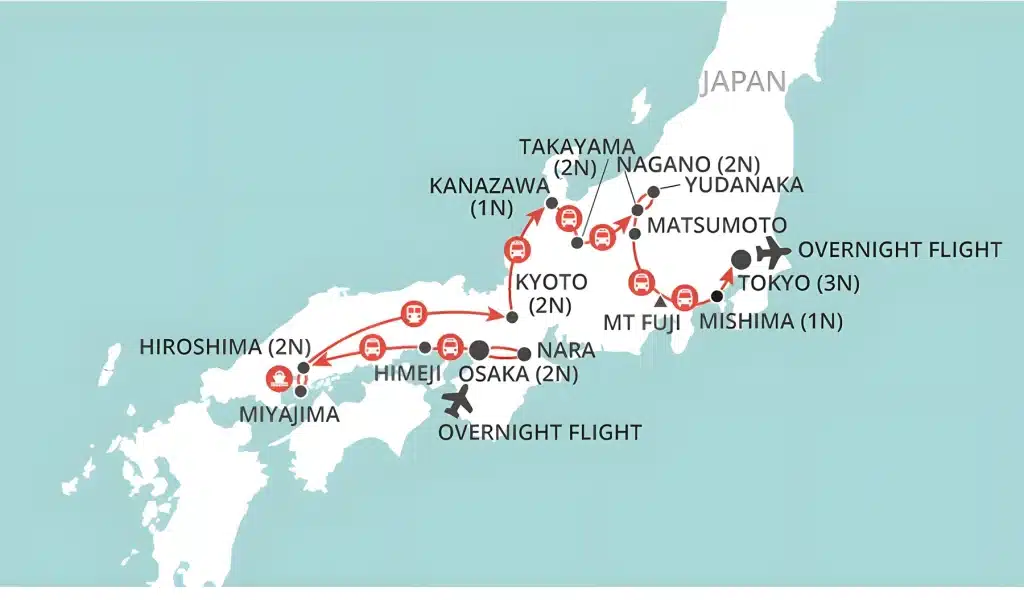 Japan tour map from Tokyo via Mishima, Mt Fuji, Matsumoto, Nagano, Takayama, Kanazawa and Kyoto to Hiroshima, Miyajima, Himeji, Nara and Osaka.