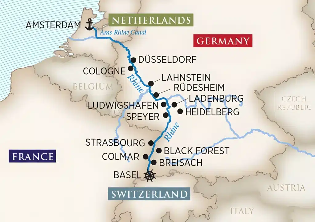 Rhine River cruise map from Amsterdam via Düsseldorf, Cologne, Rüdesheim, Heidelberg, Speyer, Strasbourg and Breisach to Basel.