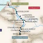 Rhine River cruise map from Amsterdam via Düsseldorf, Cologne, Rüdesheim, Heidelberg, Speyer, Strasbourg and Breisach to Basel.