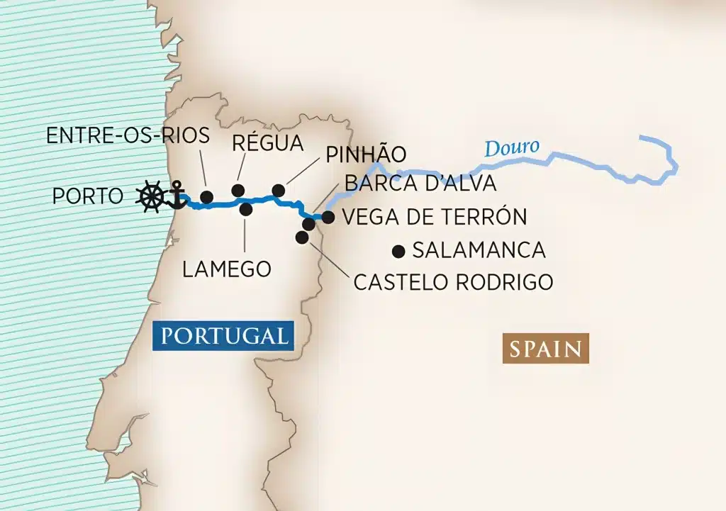 Douro River cruise map from Porto via Entre-os-Rios, Régua, Lamego, Pinhão and Barca d'Alva to Vega de Terrón and Salamanca.