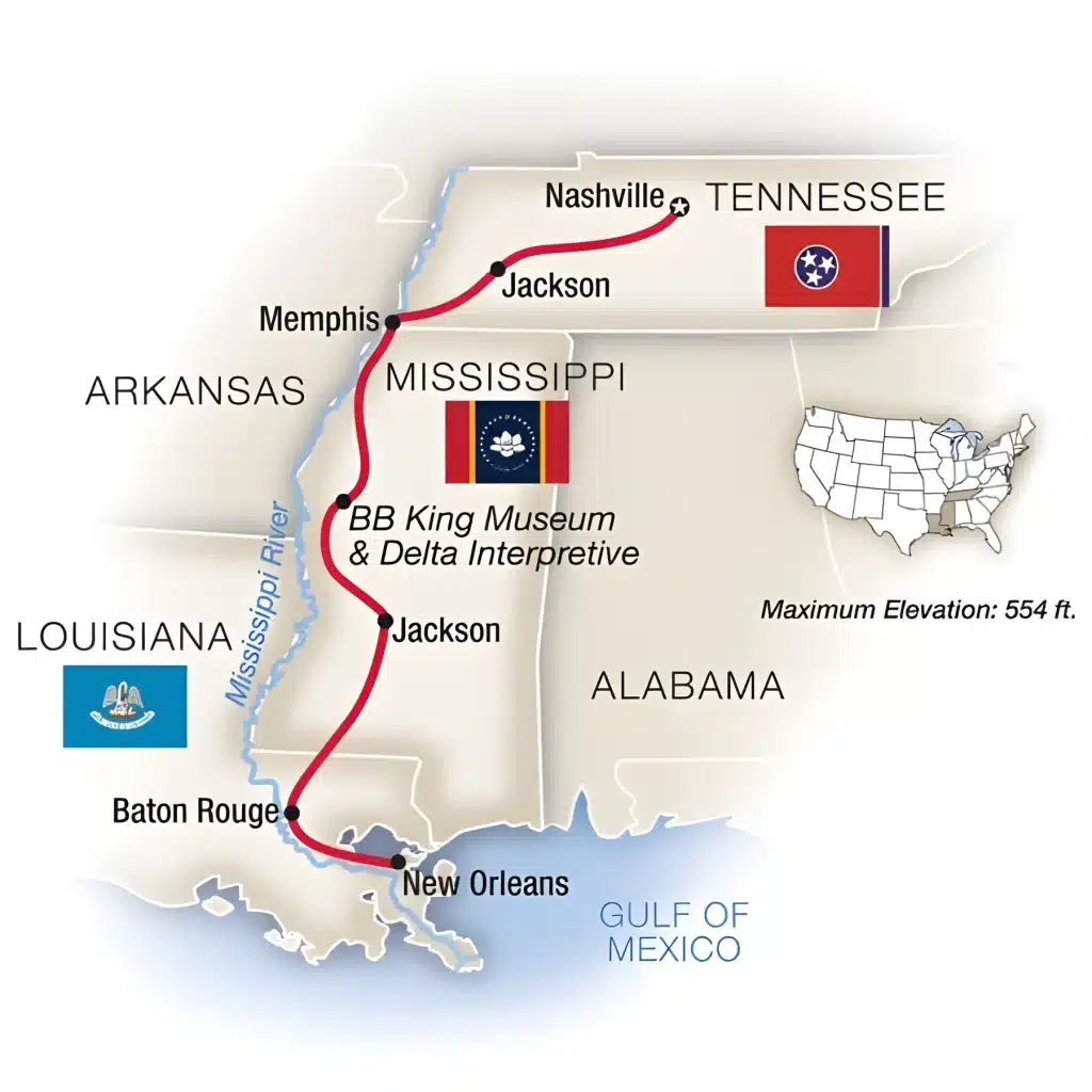 Southern USA route map from Nashville via Memphis, the BB King Museum, Jackson and Baton Rouge to New Orleans.
