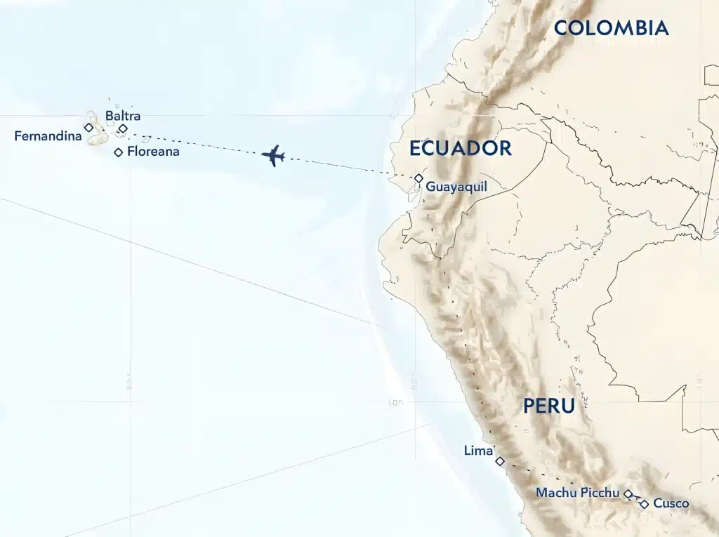 Map of Ecuador and Peru with a flight from Guayaquil to the Galapagos Islands, plus Lima, Machu Picchu and Cusco.