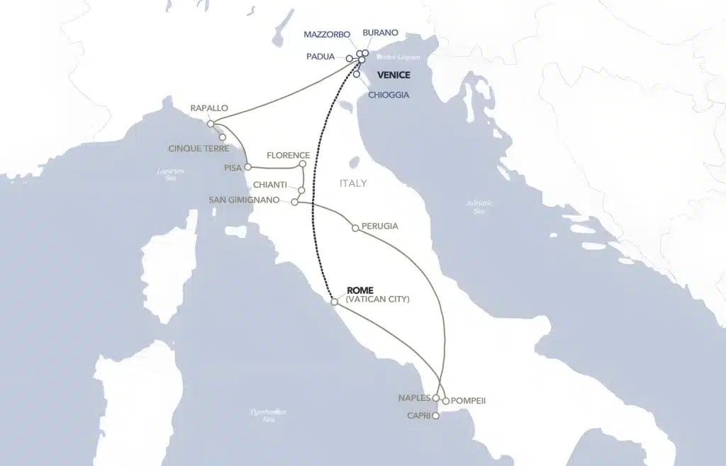 Italy tour map linking Venice, Padua, Burano, Rapallo, Cinque Terre, Pisa, Florence, Chianti, Perugia, Rome, Naples, Pompeii and Capri.