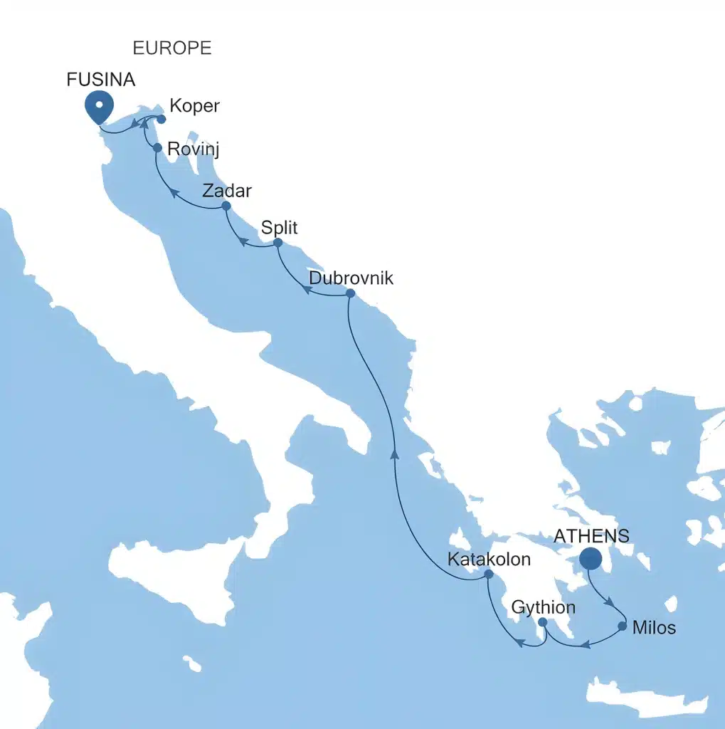 Map of Adriatic and Greek cruise route from Fusina past Dubrovnik, Split and Zadar to Athens and Milos.