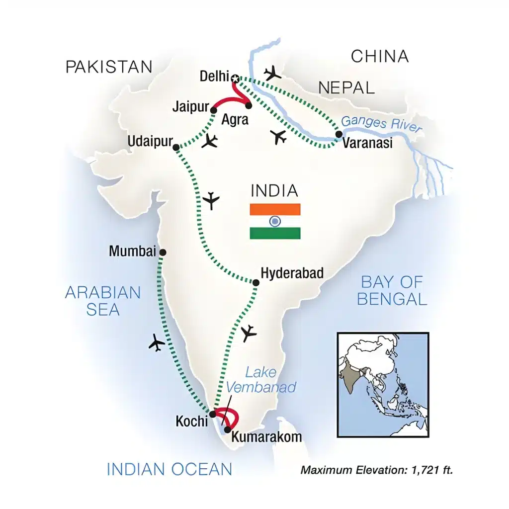 Map of India showing a route through Delhi, Agra, Jaipur, Varanasi, Mumbai and Kochi with stops marked.