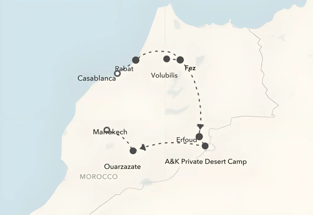 Map of Morocco showing a route from Casablanca through Fez, Erfoud and Marrakech to Ouarzazate.