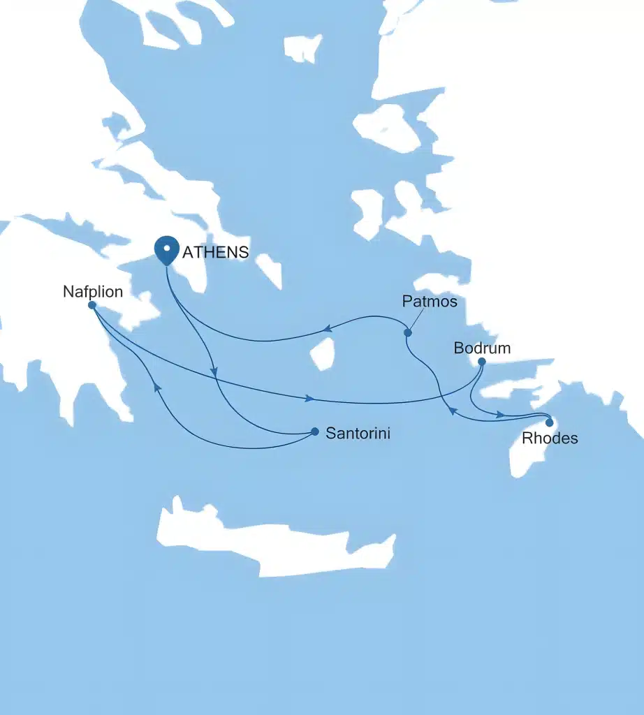 Map of Aegean cruise route from Athens to Santorini, Patmos, Bodrum, Rhodes and Nafplion.