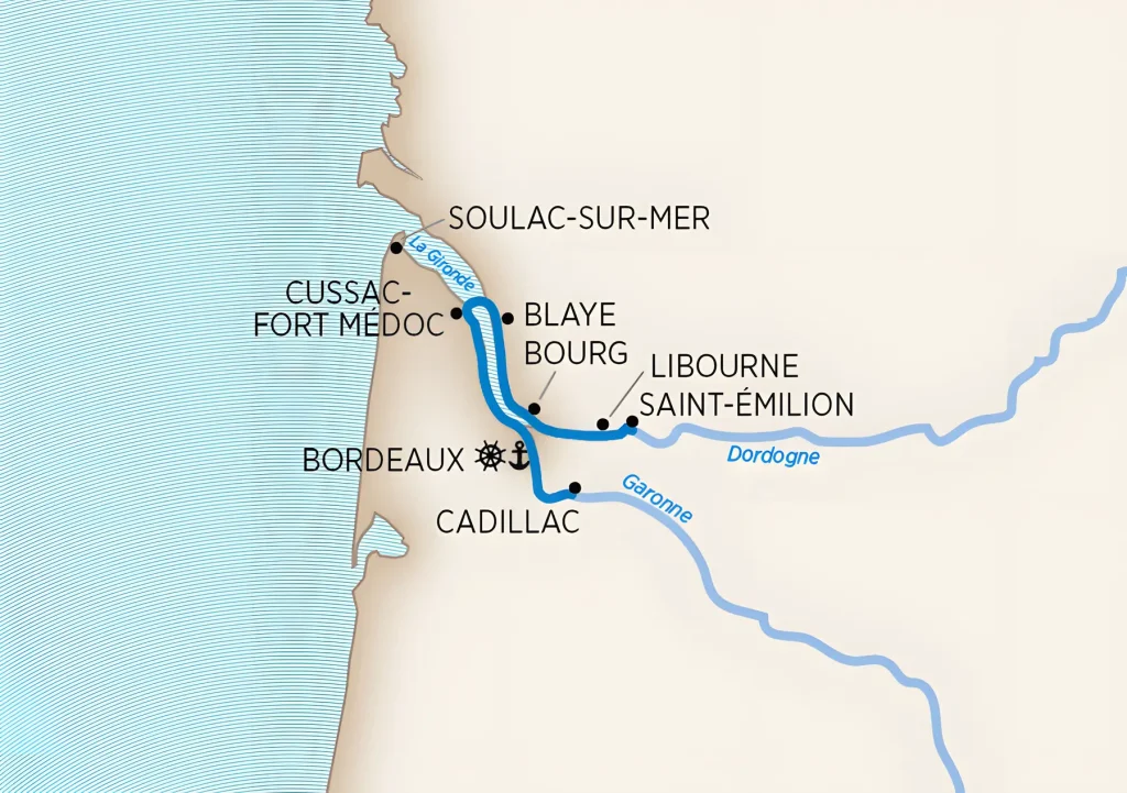 Bordeaux river cruise map on the Gironde, Garonne and Dordogne with Bordeaux, Cadillac, Cussac-Fort Médoc, Soulac-sur-Mer, Blaye, Bourg, Libourne and Saint-Émilion.