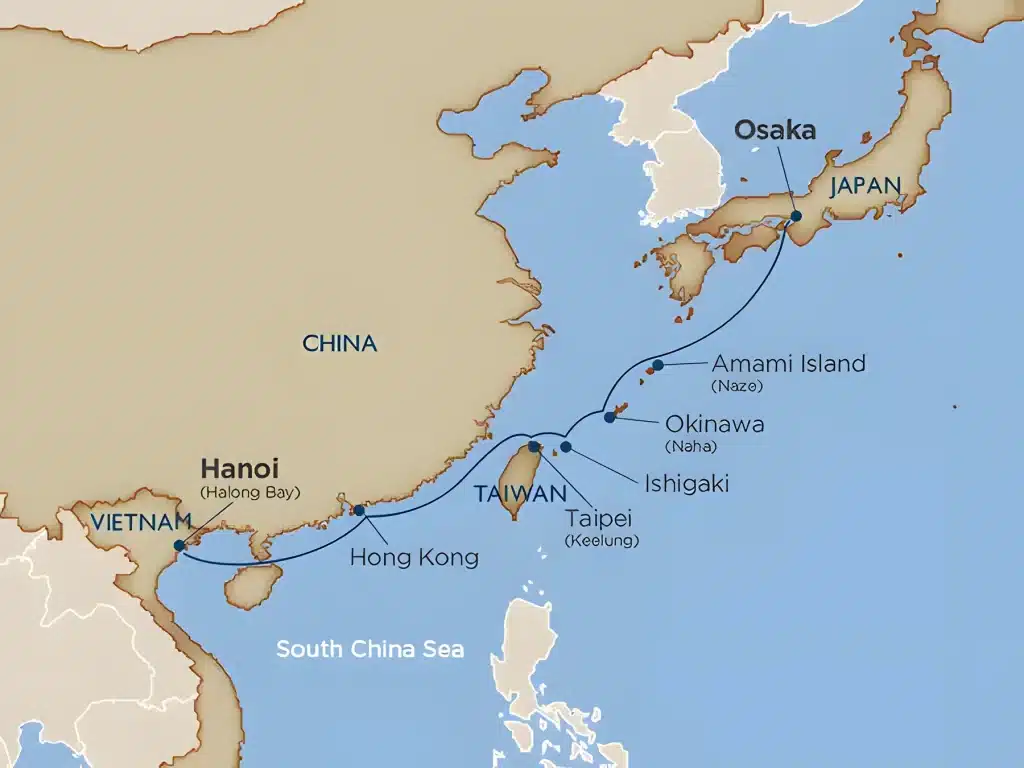 Cruise map from Osaka via Amami Island, Okinawa, Ishigaki, Taipei and Hong Kong to Hanoi and Halong Bay.