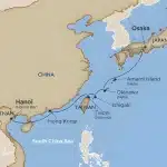 Cruise map from Osaka via Amami Island, Okinawa, Ishigaki, Taipei and Hong Kong to Hanoi and Halong Bay.