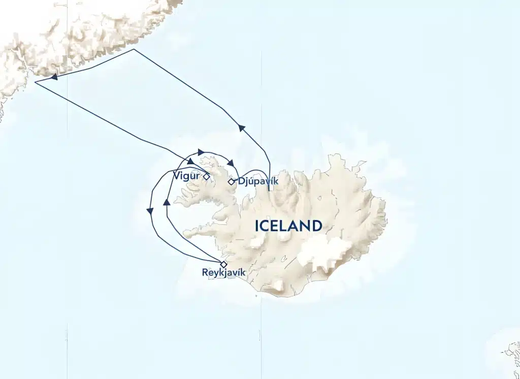 Expedition cruise map from Reykjavik around Iceland's Westfjords to Vigur and Djúpavík, then across to the east coast of Greenland.