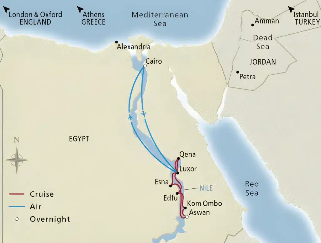 Map of Egypt itinerary showing blue air routes from Cairo to Luxor/Aswan and red Nile cruise route from Luxor down to Esna, Edfu, Aswan, and Kom Ombo with overnights; labeled cities Cairo, Luxor, Esna, Edfu, Aswan, Kom Ombo, Alexandria; seas labeled Mediterranean and Red Sea.