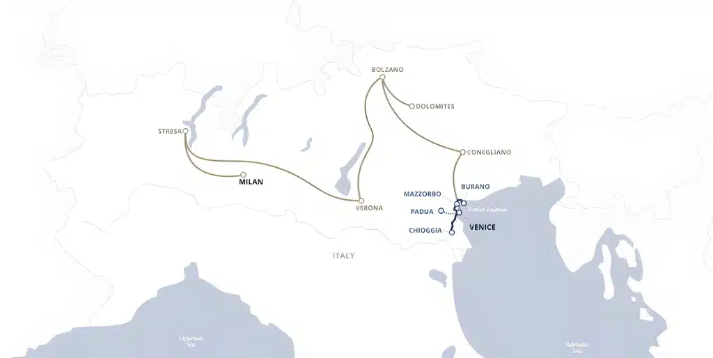 Route map of Northern Italy showing connections from Stresa through Milan and Verona to Bolzano, Dolomites and Venice area.
