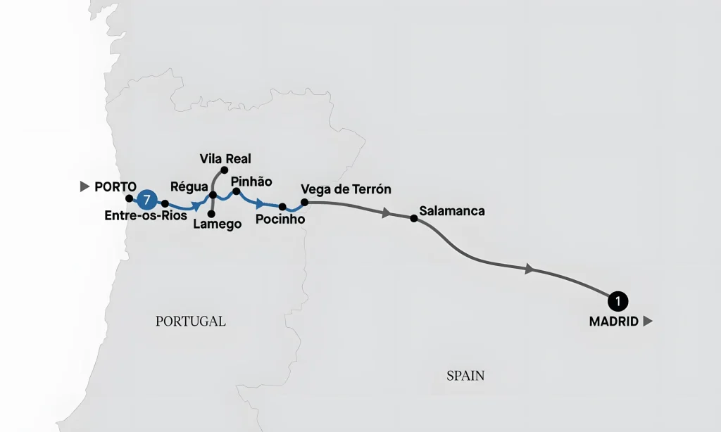 Railway route map from Porto to Madrid with stops: Entre-os-Rios, Lamego, Régua, Vila Real, Pinhão, Pocinho, Vega de Terrón, Salamanca, Madrid (train line across Portugal to Spain).