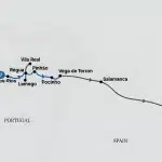 Railway route map from Porto to Madrid with stops: Entre-os-Rios, Lamego, Régua, Vila Real, Pinhão, Pocinho, Vega de Terrón, Salamanca, Madrid (train line across Portugal to Spain).