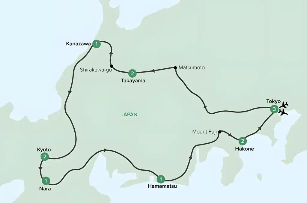 Japan tour map from Tokyo via Matsumoto, Takayama, Shirakawa-go, Kanazawa, Kyoto, Nara, Hamamatsu, Mount Fuji and Hakone.
